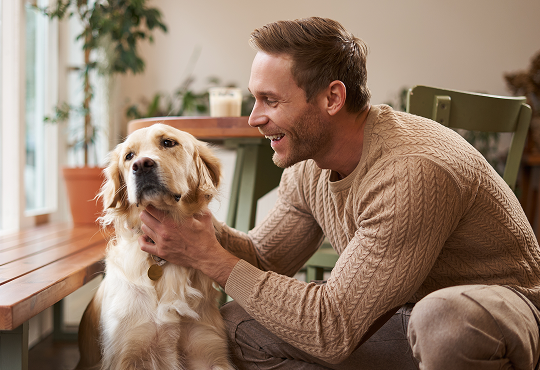 Smiling man petting his golden retriever